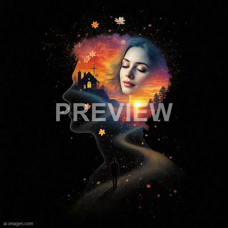 The image depicts a surreal, double-exposure style composition featuring the profile of a woman with her eyes closed, blending into a landscape scene. Inside her silhouette, there is a sunset over a body of water, with a small house and trees on a hill, along with a few scattered flowers and butterflies. The overall effect creates a dreamy, introspective atmosphere, with warm sunset colors contrasting against the dark background and emphasizing the peaceful, contemplative mood.